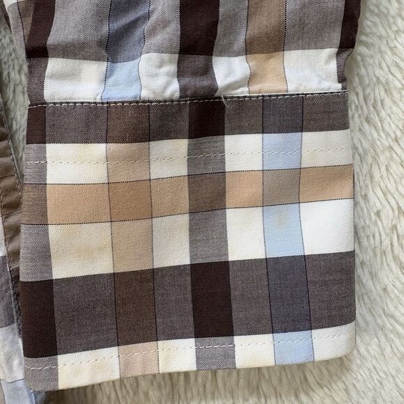 Peter Millar Mens Long Sleeve Button Up Size Medium Blue Brown White Geometric - Picture 10 of 10